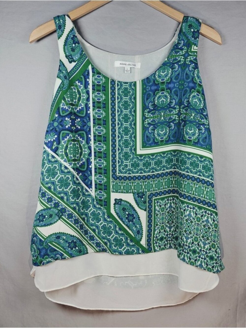 Paisley Print Tank Top‎ Womens L Layered Chiffon Hem Green Blue